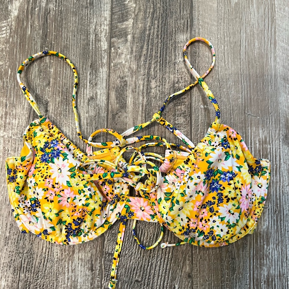 Time and Tru Yellow Floral Bikini Top